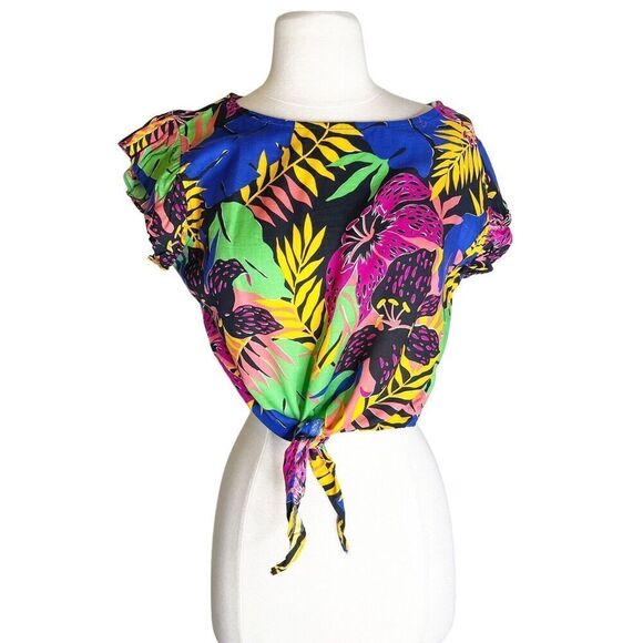 Vintage 80s XS Crop Top Tie Front Blouse Tropical Hibiscus Monstera Colorful - Picture 10 of 16